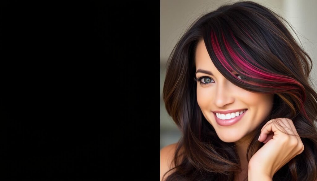 Woman confidently showing off her dark brown hair with peekaboo highlights
