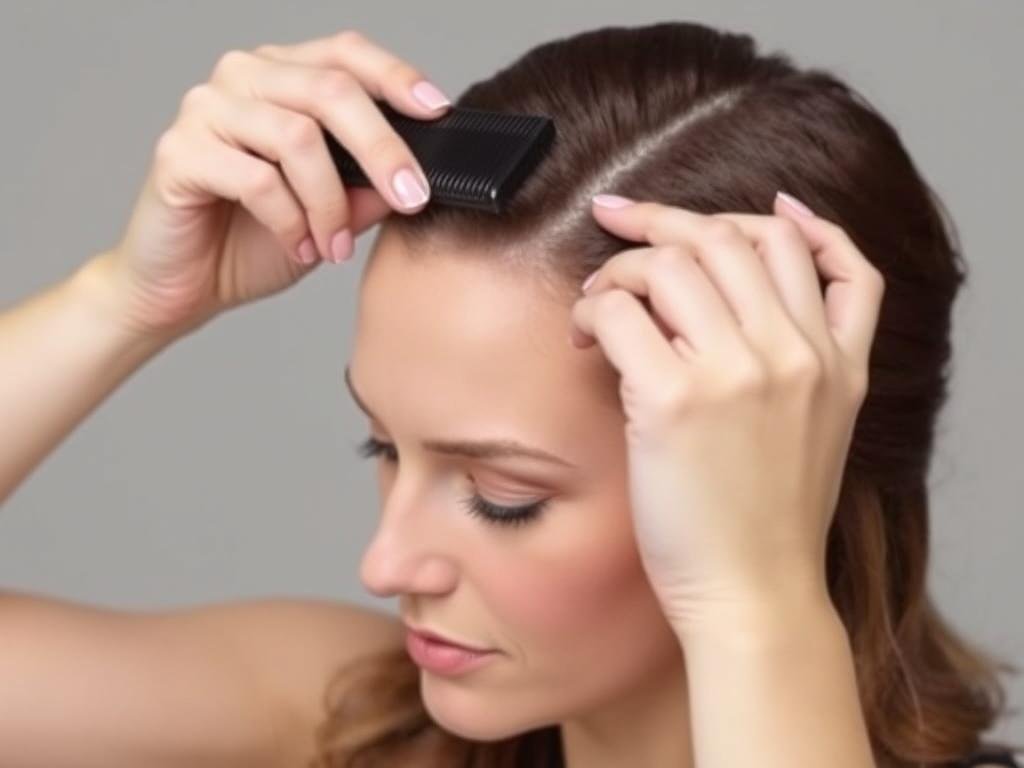 Woman demonstrating gentle teasing technique for thin hair Woman demonstrating gentle teasing technique for thin hair