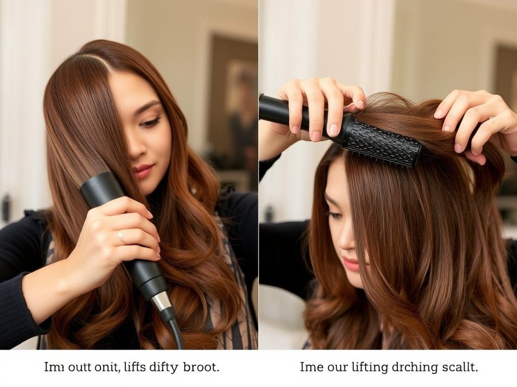 Woman demonstrating root lifting technique for thin hair Woman demonstrating root lifting technique for thin hair