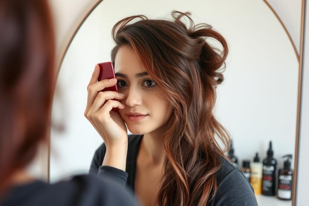 Woman examining her hair before coloring, showing preparation for cherry cola hair color transformation Woman examining her hair before coloring, showing preparation for cherry cola hair color transformation