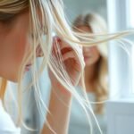 Woman examining her thin hair in mirror with natural lighting showing hair texture