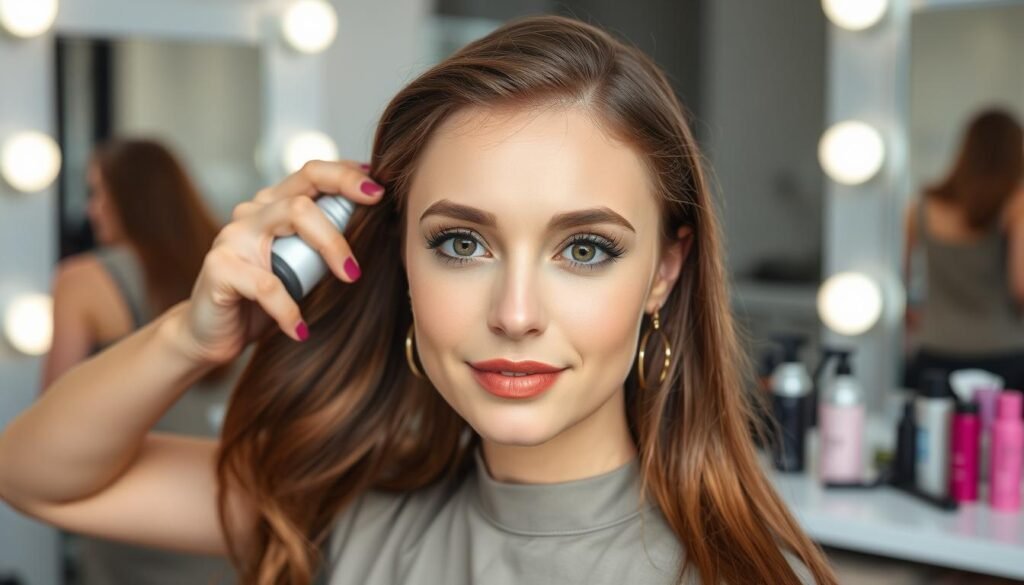 Woman preparing thin hair for formal styling with volumizing products