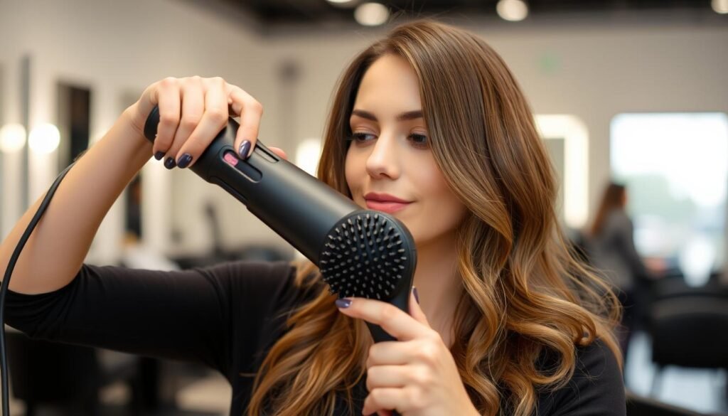 Woman styling thin hair for volume with round brush and blow dryer Woman styling thin hair for volume with round brush and blow dryer