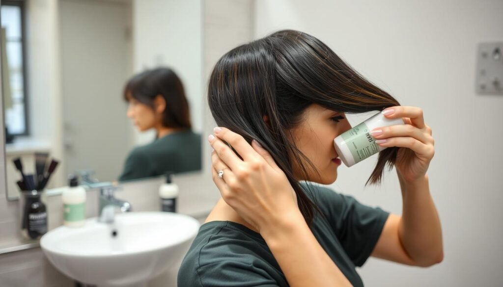 Woman washing and caring for black hair with subtle highlights Woman washing and caring for black hair with subtle highlights