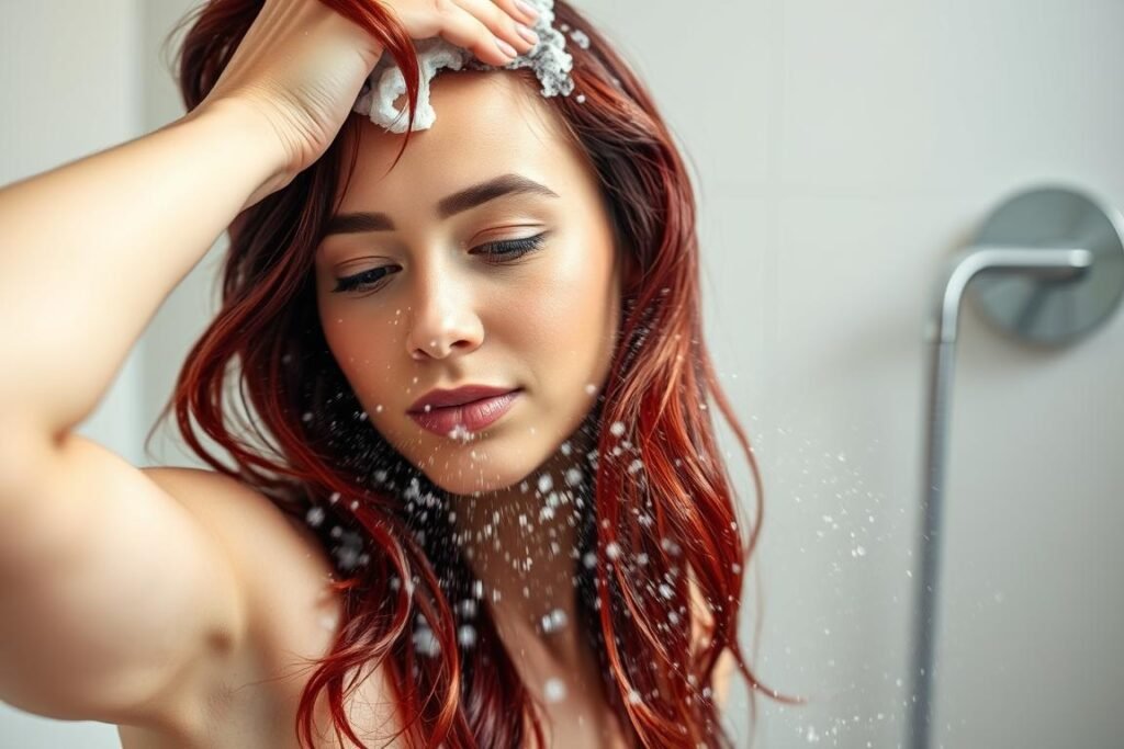 Woman washing her dark red hair with color-protecting shampoo in a stylish bathroom Woman washing her dark red hair with color-protecting shampoo in a stylish bathroom