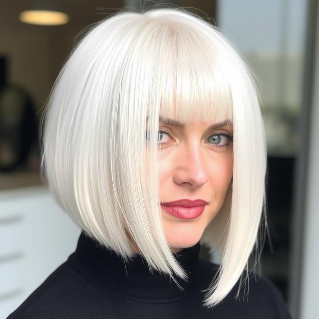 Woman with all-over platinum blonde hair color Woman with all-over platinum blonde hair color