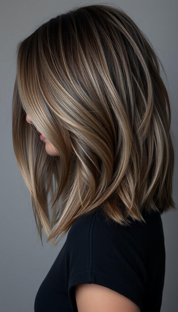 Woman with ashy, cool-toned mushroom brown hair showing subtle gray undertones