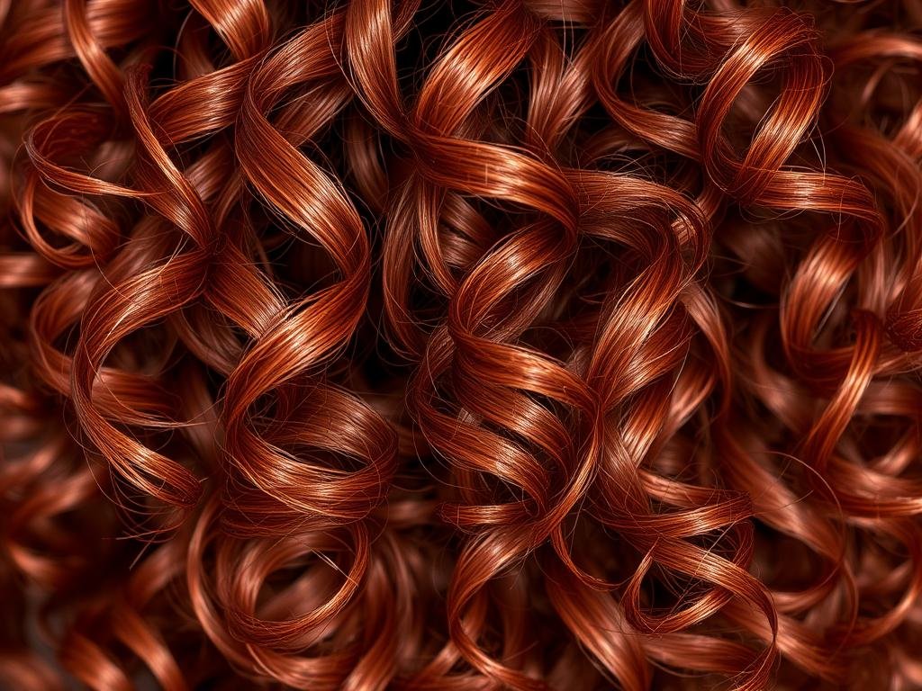 Woman with auburn curly hair showing rich reddish-brown tones Woman with auburn curly hair showing rich reddish-brown tones