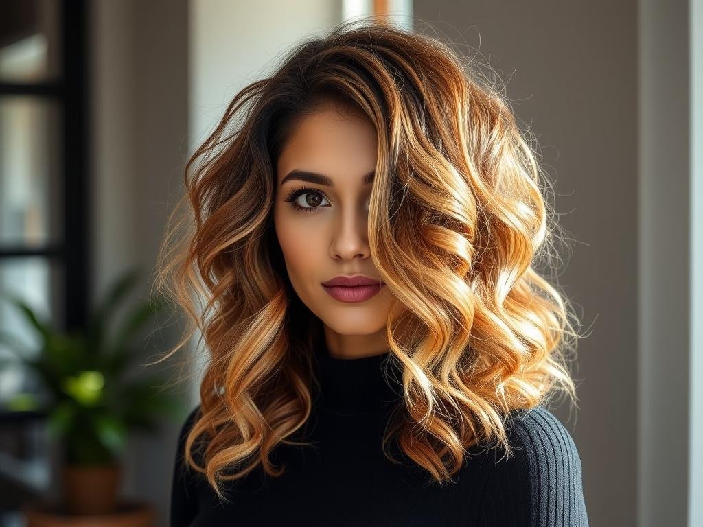 Woman with balayage on curly hair showing natural color transition Woman with balayage on curly hair showing natural color transition