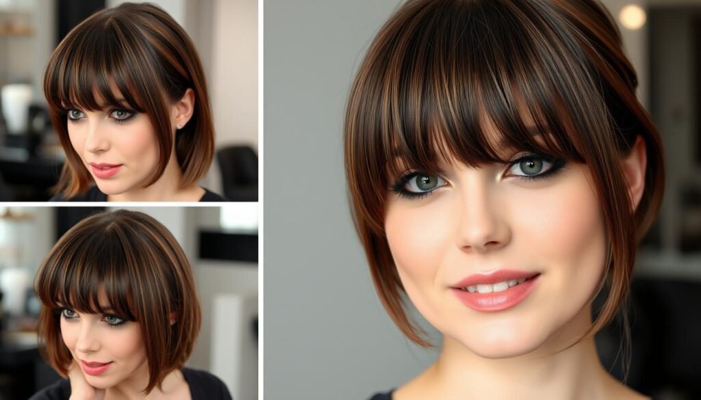 Woman with bangs styled for thin hair showing volume and texture Woman with bangs styled for thin hair showing volume and texture