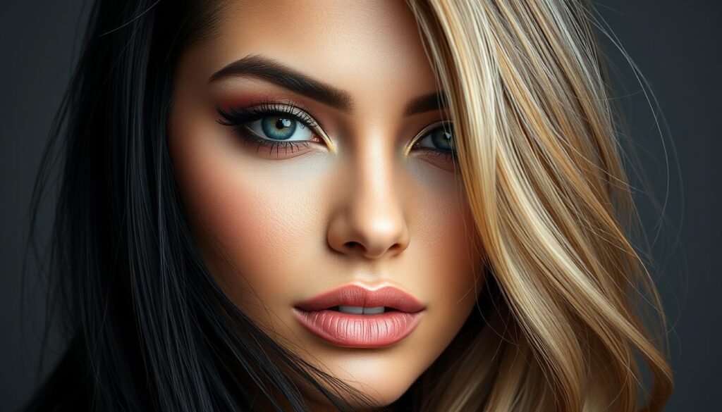 Woman with black and blonde hair wearing complementary makeup