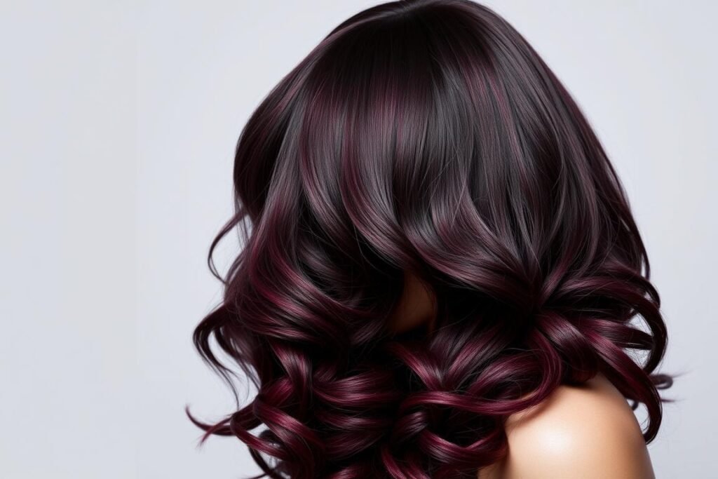 Woman with black cherry hair showing deep purple-red tones