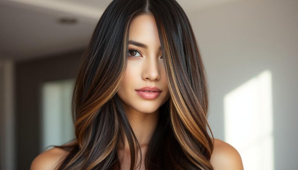 Woman with black hair and caramel highlights showing dimension and depth