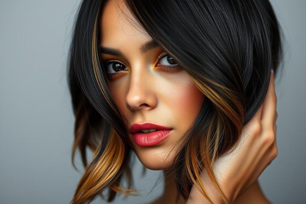 Woman with black hair featuring a caramel money piece highlight