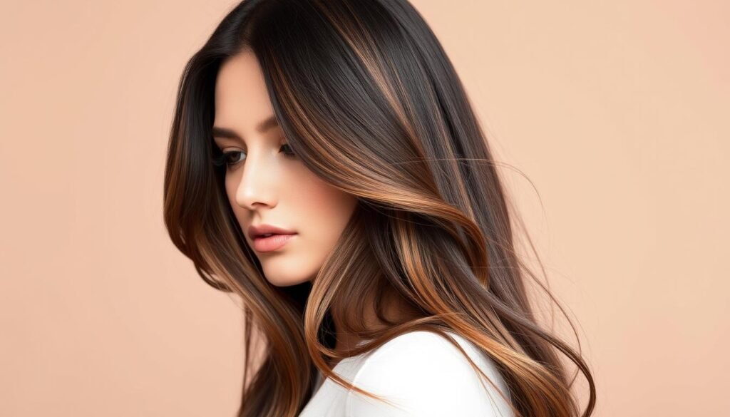 Woman with black hair featuring stunning brown highlights showing dimension and movement