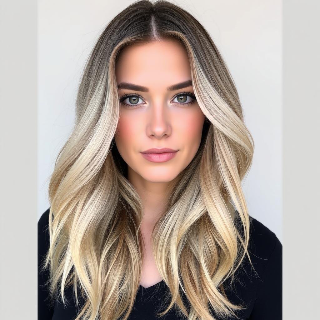 Woman with blonde balayage showing natural gradient effect Woman with blonde balayage showing natural gradient effect