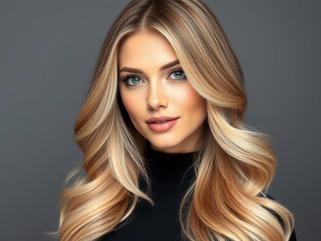 Woman with blonde color melt showing seamless transition between multiple blonde shades