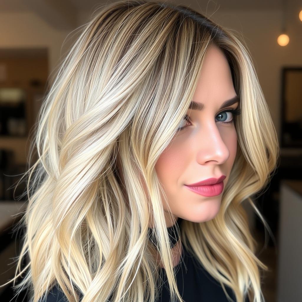 Woman with blonde hair featuring darker lowlights for dimension Woman with blonde hair featuring darker lowlights for dimension