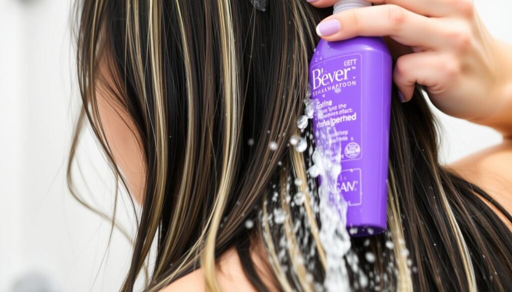 Woman with blonde highlights on black hair using purple shampoo in shower