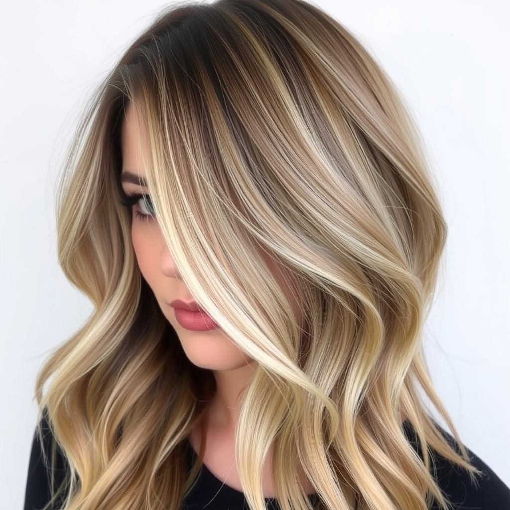 Woman with blonde highlights showing dimensional effect Woman with blonde highlights showing dimensional effect