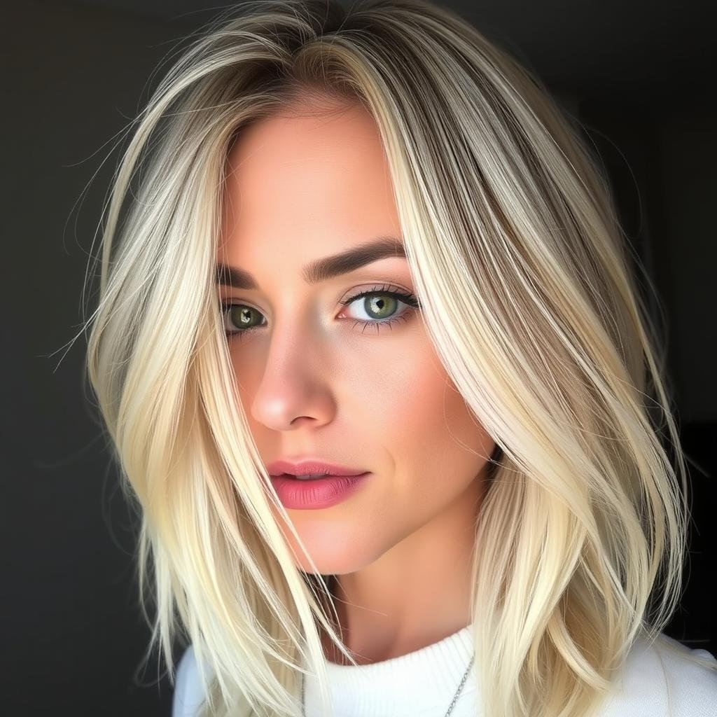 Woman with blonde money piece highlighting around the face Woman with blonde money piece highlighting around the face