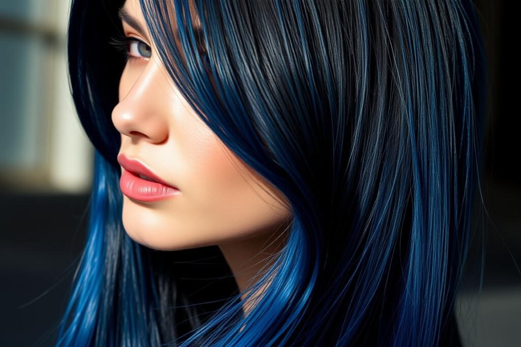 Woman with blue-black hair color showing subtle blue undertones in natural light Woman with blue-black hair color showing subtle blue undertones in natural light