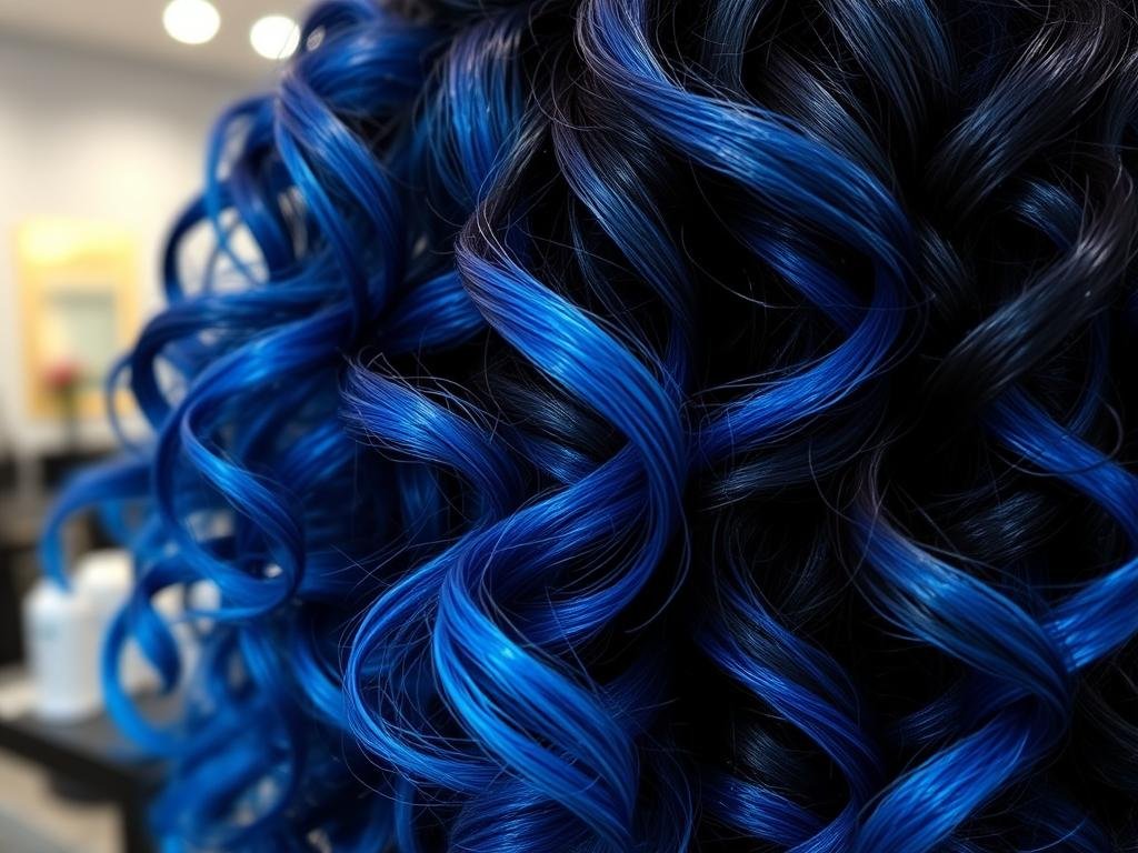 Woman with blue ombre curly hair showing transition from dark to vibrant blue Woman with blue ombre curly hair showing transition from dark to vibrant blue