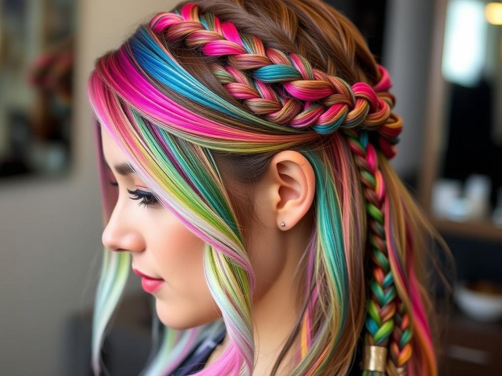 Woman with braided hairstyle showing peekaboo highlights Woman with braided hairstyle showing peekaboo highlights