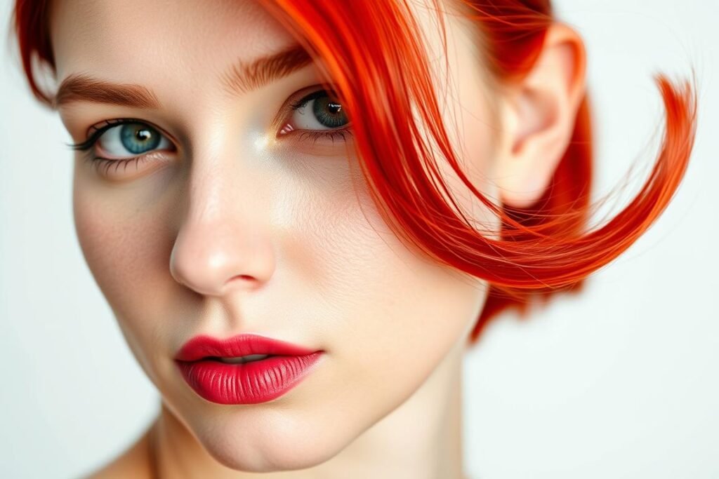 Woman with bright cherry red hair color against white background Woman with bright cherry red hair color against white background