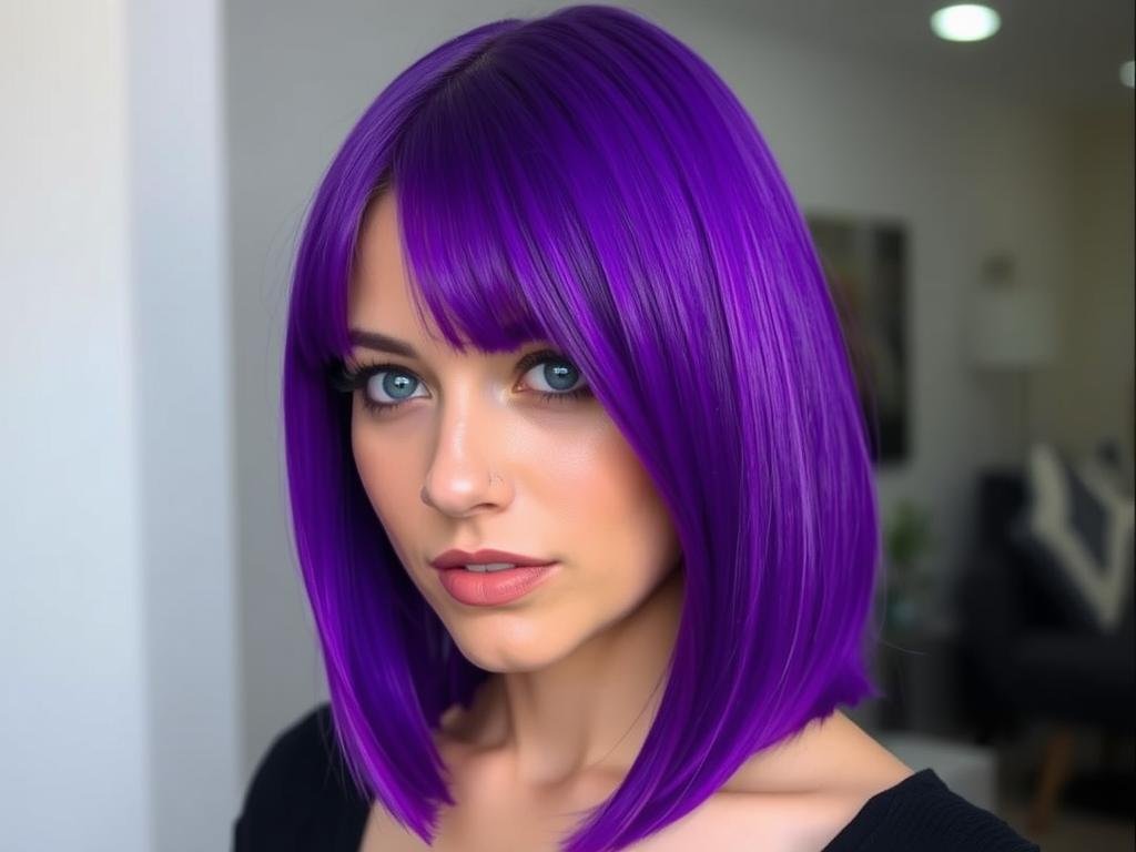 Woman with bright electric violet purple hair in straight style