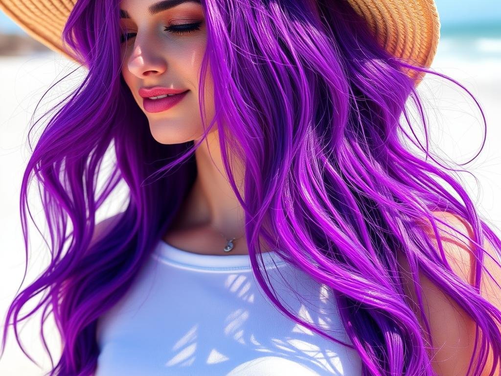 Woman with bright violet purple hair in summer beach setting