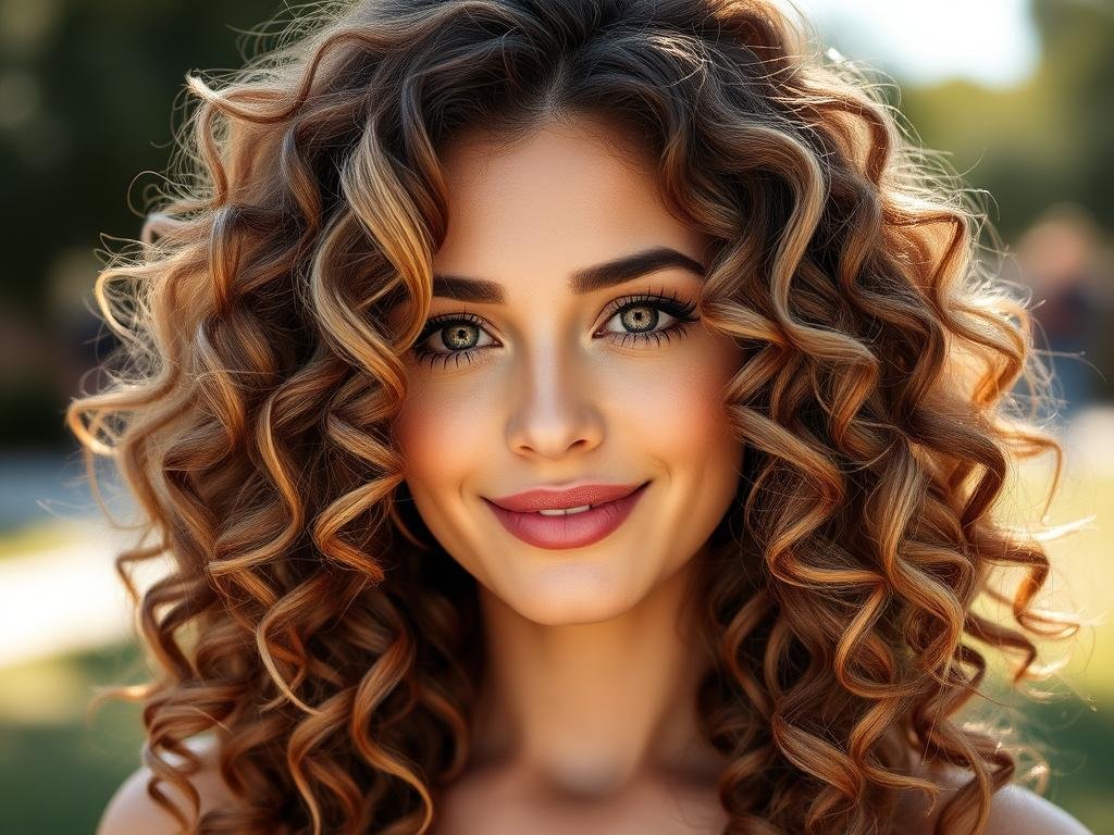 Woman with bronde (brown-blonde) curly hair showing natural sun-kissed effect Woman with bronde (brown-blonde) curly hair showing natural sun-kissed effect