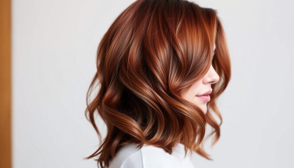 Woman with brown red hair styled in loose waves showing off the dimension and shine of the color Woman with brown red hair styled in loose waves showing off the dimension and shine of the color