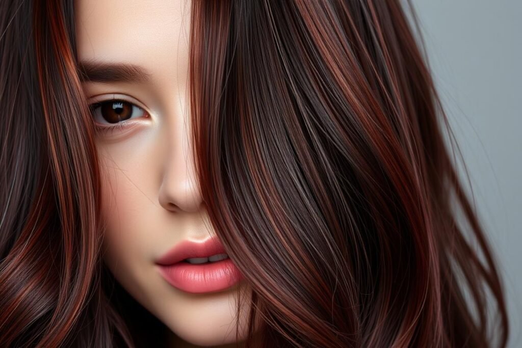 Woman with burgundy chocolate cherry hair showing deep wine-red tones