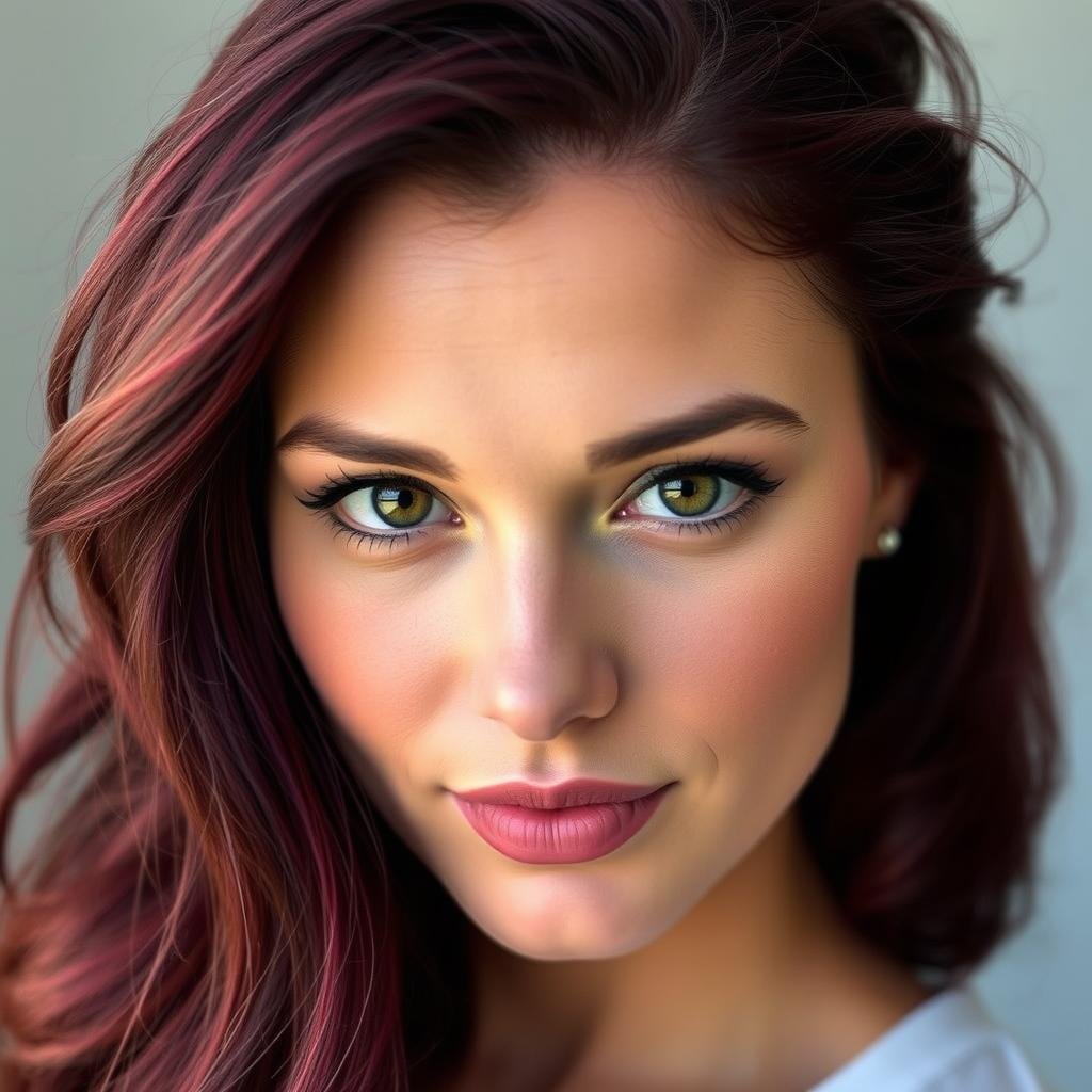 Woman with burgundy deep red hair color that has purple undertones