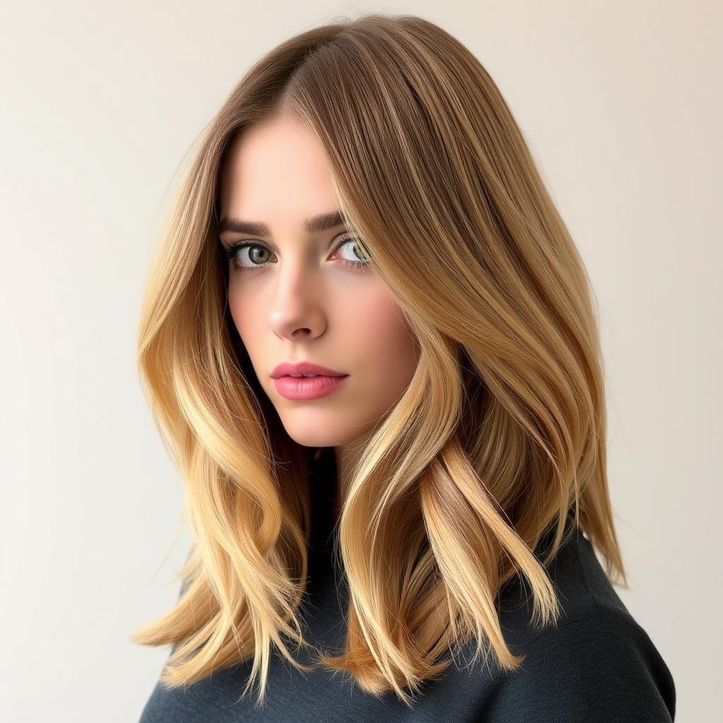 Woman with butterscotch blonde hair showing caramel tones Woman with butterscotch blonde hair showing caramel tones