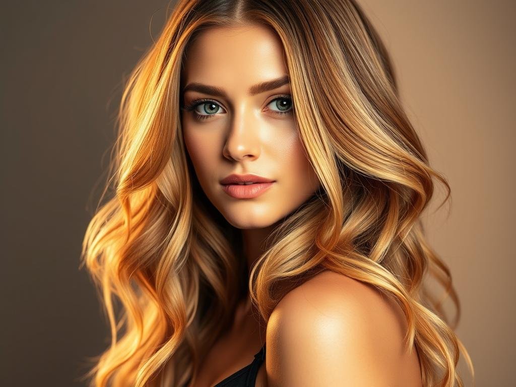 Woman with butterscotch blonde hair showing warm caramel-toned medium blonde