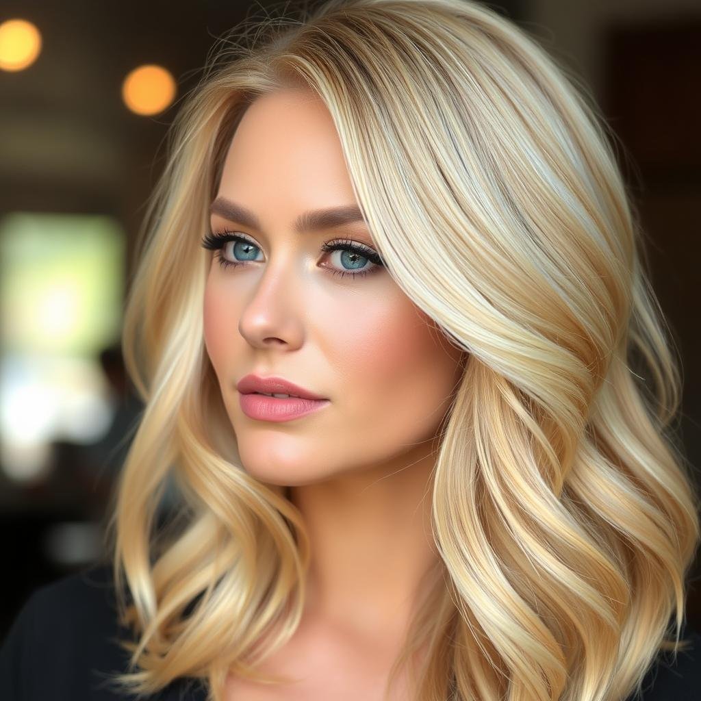 Woman with buttery blonde showing rich golden tones Woman with buttery blonde showing rich golden tones