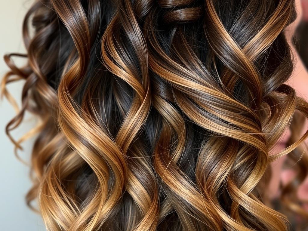 Woman with caramel balayage on curly hair showing natural transition from dark to light Woman with caramel balayage on curly hair showing natural transition from dark to light