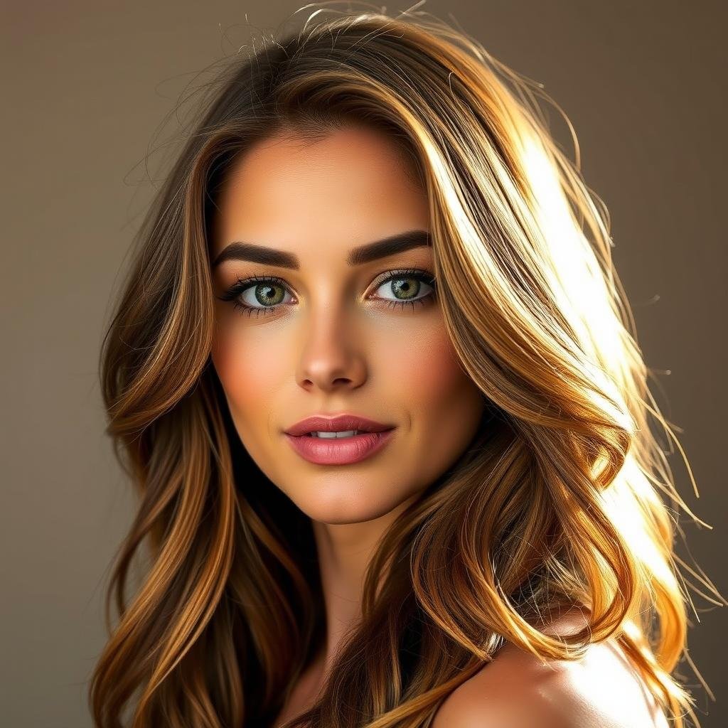 Woman with caramel brown hair showing golden highlights Woman with caramel brown hair showing golden highlights