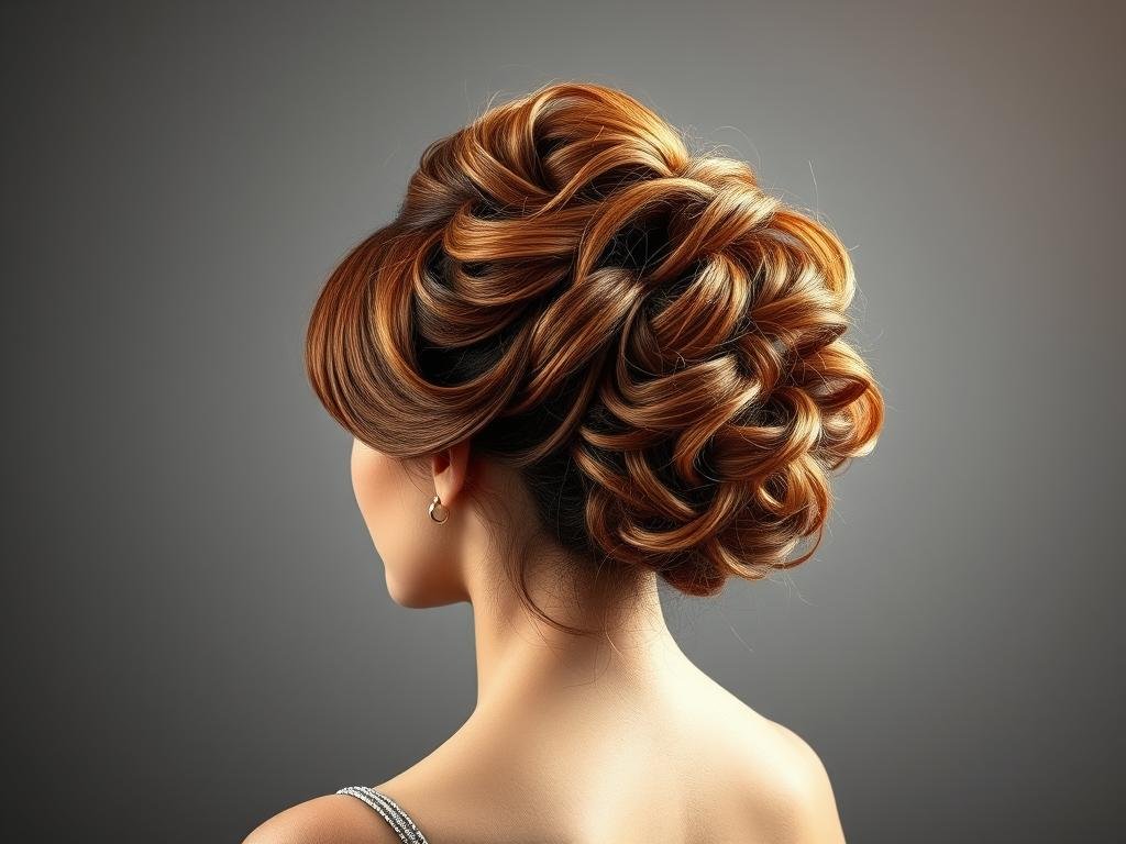 Woman with caramel highlighted curly hair styled in a voluminous updo Woman with caramel highlighted curly hair styled in a voluminous updo