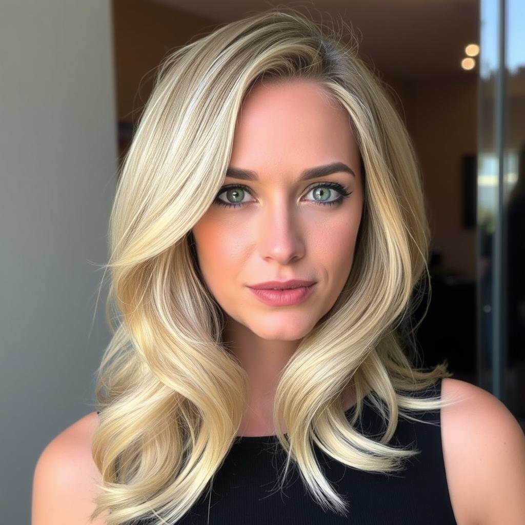 Woman with champagne blonde hair showing balanced undertones Woman with champagne blonde hair showing balanced undertones