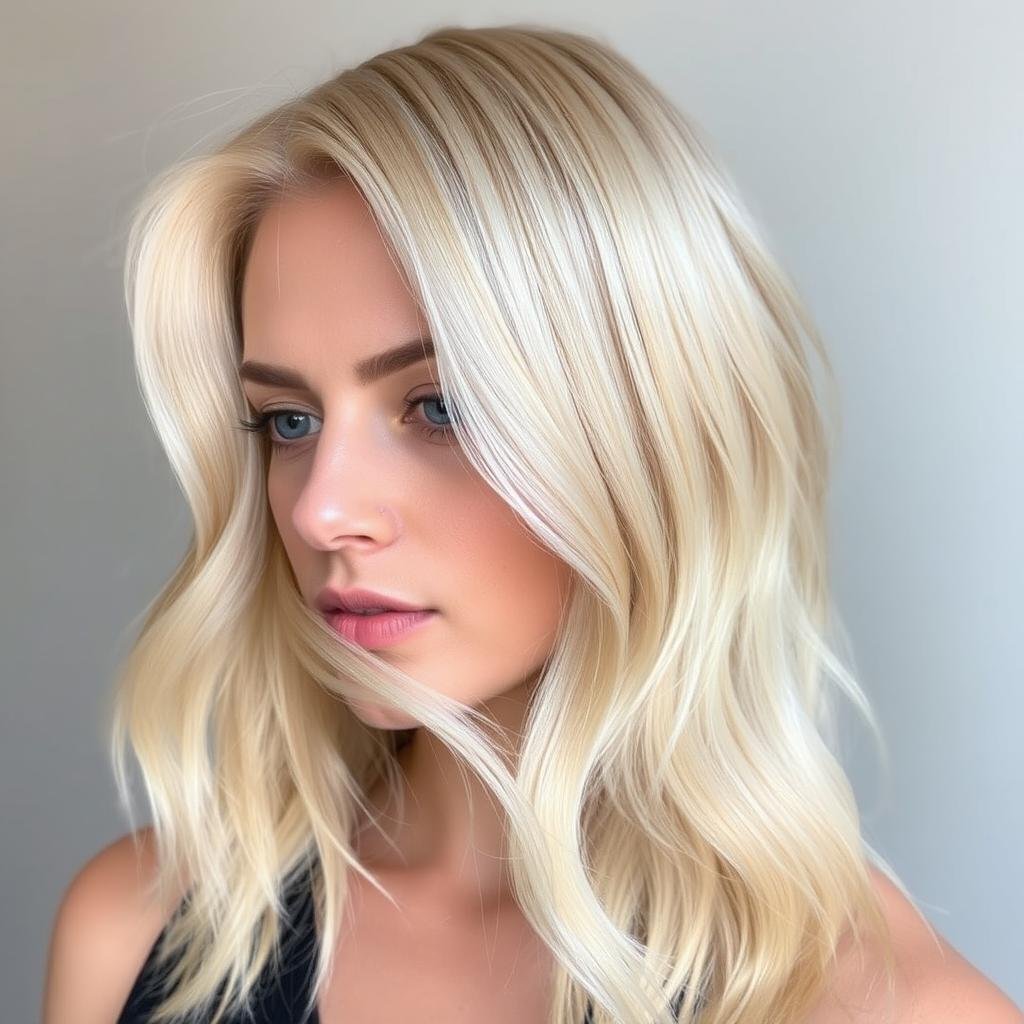 Woman with champagne pop blonde showing iridescent tones Woman with champagne pop blonde showing iridescent tones