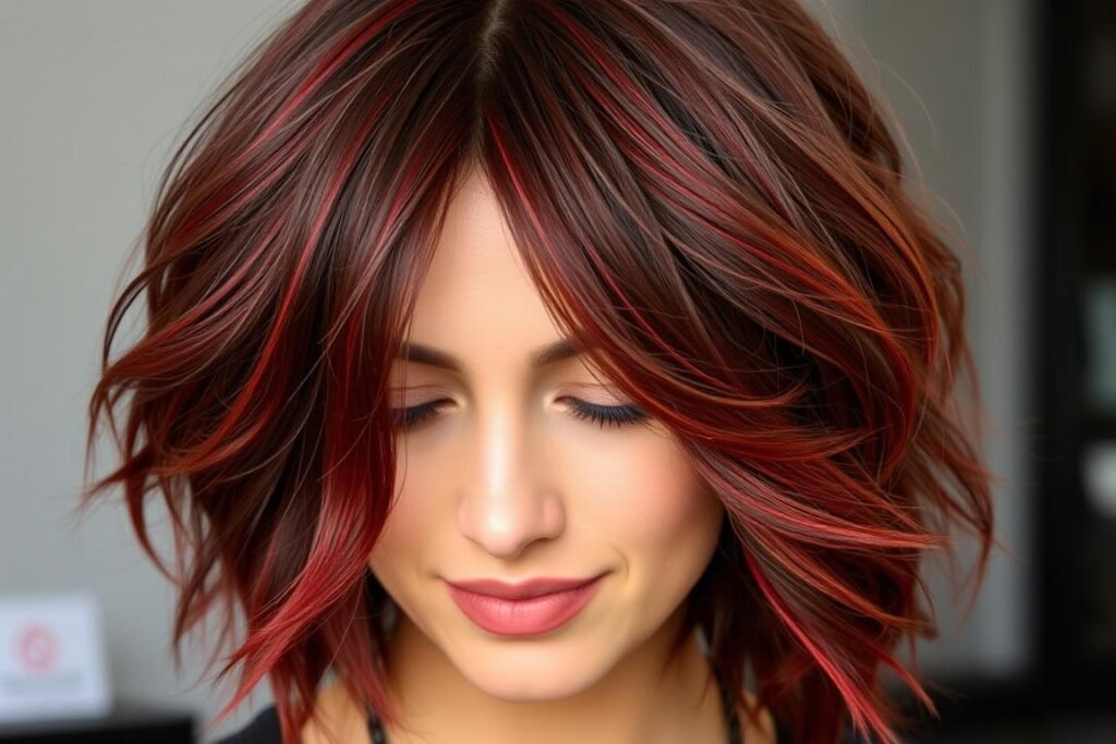 Woman with cherry cola dark hair color showing rich brown base with red highlights Woman with cherry cola dark hair color showing rich brown base with red highlights