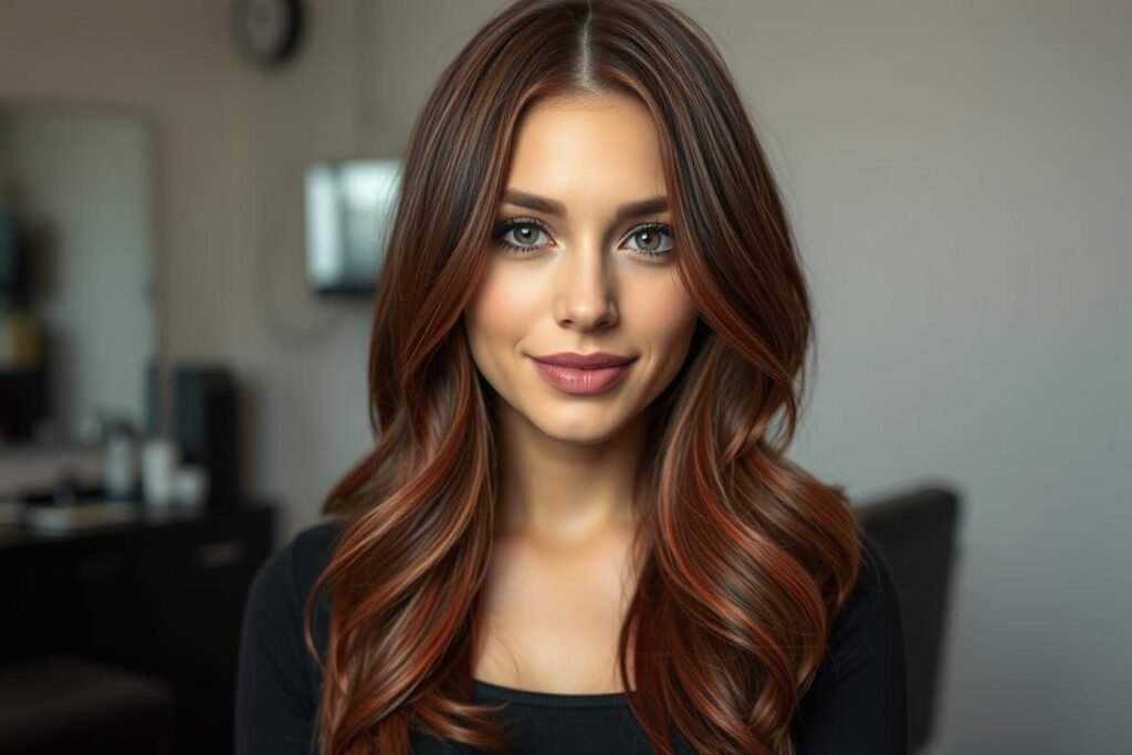 Woman with cherry cola hair color showing dimensional highlights Woman with cherry cola hair color showing dimensional highlights