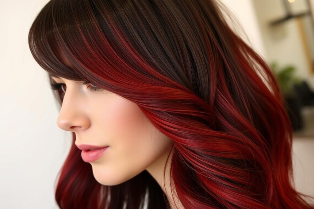 Woman with cherry red balayage on dark hair Woman with cherry red balayage on dark hair