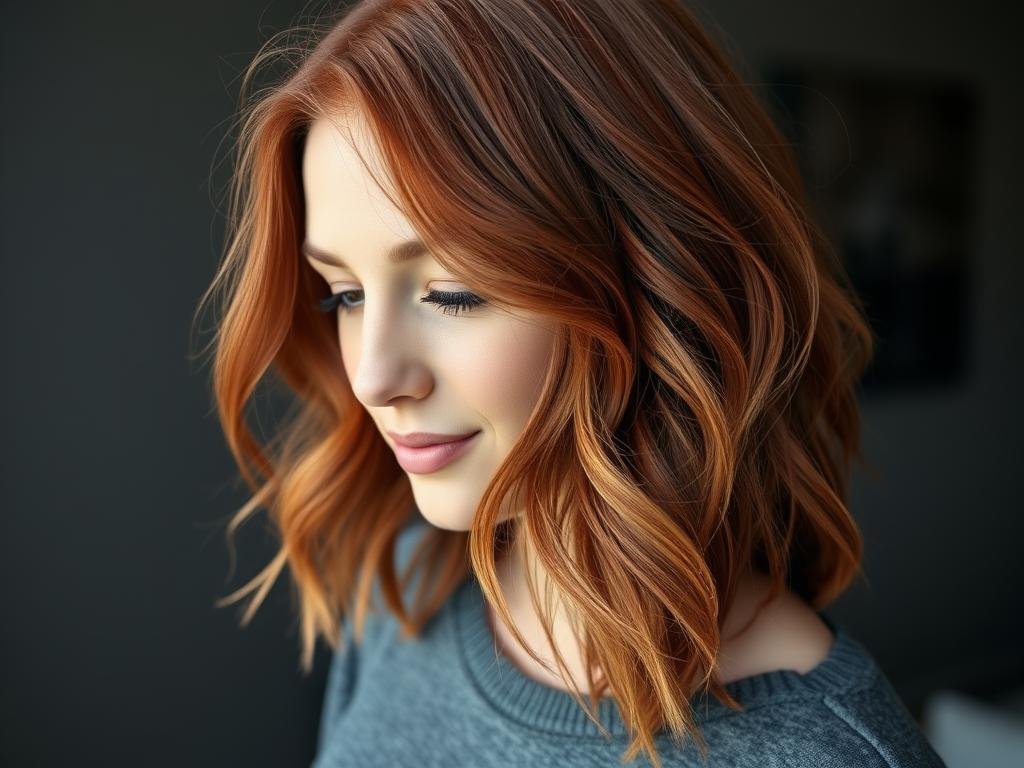 Woman with cherry red hair styled in loose waves showing dimension and movement