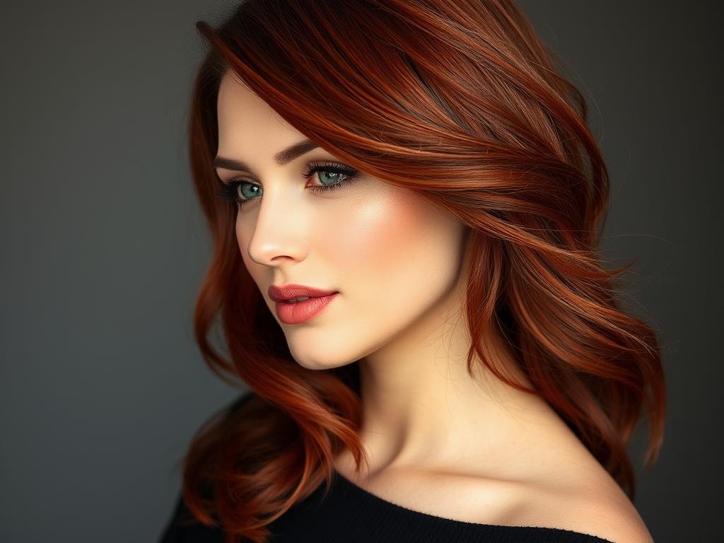 Woman with cherry red hair styled in loose waves Woman with cherry red hair styled in loose waves