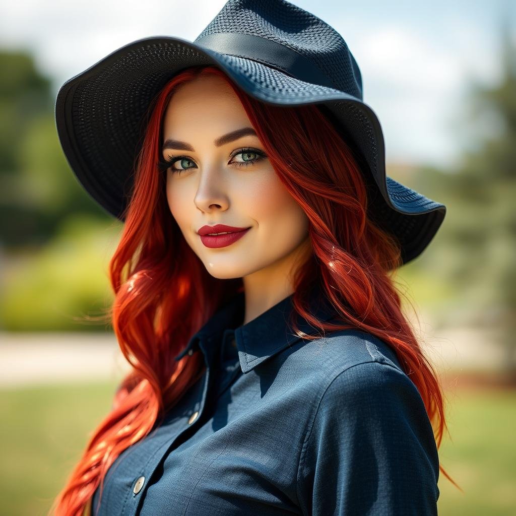 Woman with cherry red hair wearing hat for UV protection Woman with cherry red hair wearing hat for UV protection