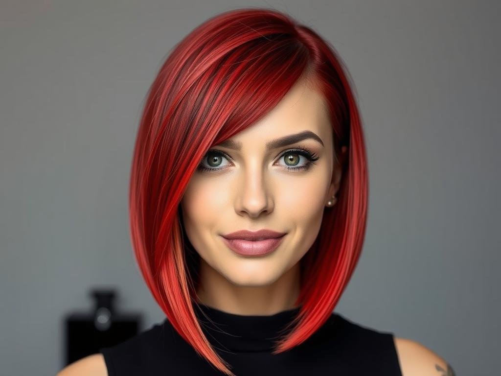 Woman with chin-length bob in vibrant red color, short hair color ideas